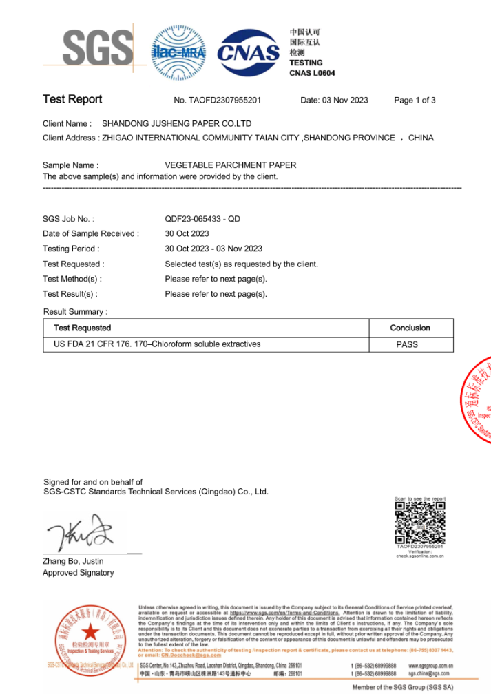 FDA Vegetable Parchment Paper-Qualification-Shandong Jusheng Paper Co., Ltd.